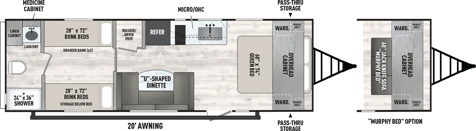 The Viking Travel Trailers 25QBH floorplan has one entry and zero slide outs. Exterior features include: metal exterior and 20' awning. Interiors features include: bunk beds, u-dinette, front bedroom, murphy bed and rear bathroom.